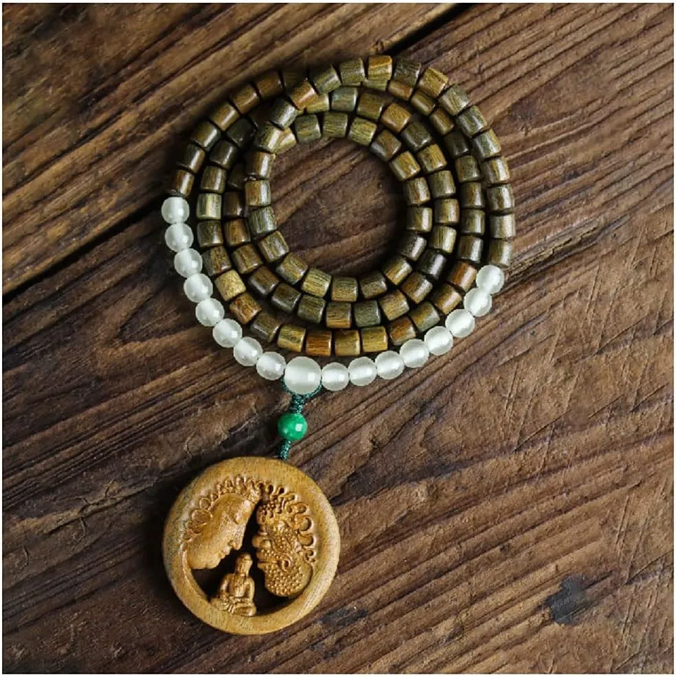 Natural 108 Green Sandalwood Bracelets with Carved Buddha Pendant, Wooden Prayer Beads Bracelets for Meditation