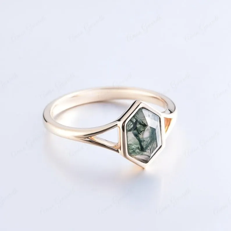 Natural Moss Agate Ring, 925 Sterling Silver Vintage Bezel Setting Ring, Handmade Solitaire Ring Hexagon Cut Moss Agate Engagement Ring, Birthday Gift