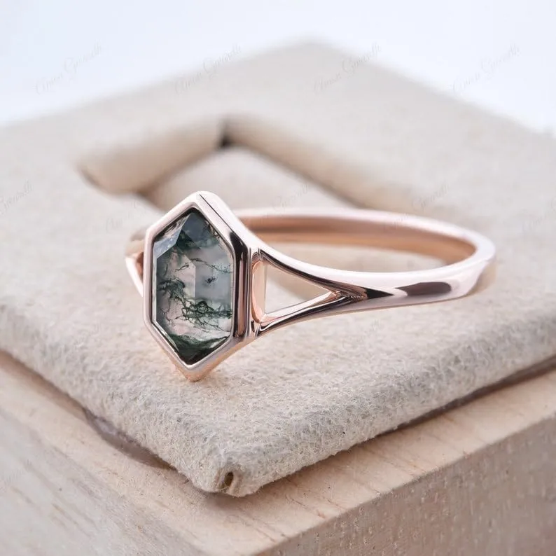Natural Moss Agate Ring, 925 Sterling Silver Vintage Bezel Setting Ring, Handmade Solitaire Ring Hexagon Cut Moss Agate Engagement Ring, Birthday Gift