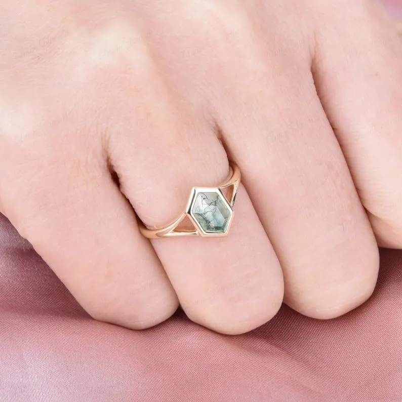 Natural Moss Agate Ring, 925 Sterling Silver Vintage Bezel Setting Ring, Handmade Solitaire Ring Hexagon Cut Moss Agate Engagement Ring, Birthday Gift