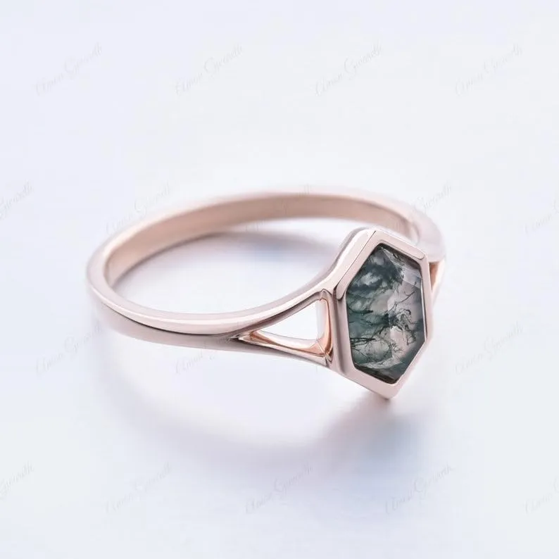 Natural Moss Agate Ring, 925 Sterling Silver Vintage Bezel Setting Ring, Handmade Solitaire Ring Hexagon Cut Moss Agate Engagement Ring, Birthday Gift