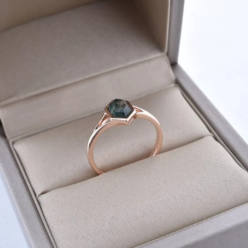 Natural Moss Agate Ring, 925 Sterling Silver Vintage Bezel Setting Ring, Handmade Solitaire Ring Hexagon Cut Moss Agate Engagement Ring, Birthday Gift