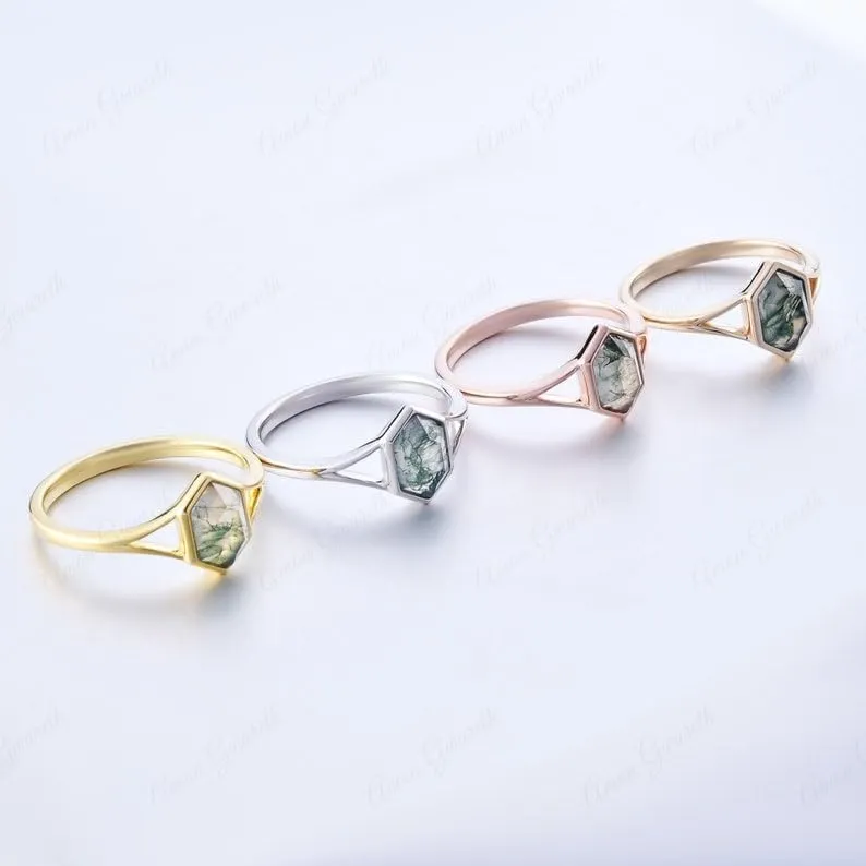 Natural Moss Agate Ring, 925 Sterling Silver Vintage Bezel Setting Ring, Handmade Solitaire Ring Hexagon Cut Moss Agate Engagement Ring, Birthday Gift