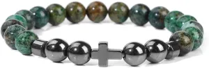 Natural Stone Bracelet Men Beads Bracelet Handmade Cross Pendant Bracelets Women Prayer Fitness Jewelry for 8mm (Metal Color: African Quartz - Length: 21CM)