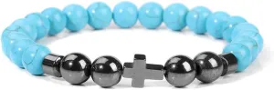 Natural Stone Bracelet Men Beads Bracelet Handmade Cross Pendant Bracelets Women Prayer Fitness Jewelry for 8mm (Metal Color: Blue Howlite - Length: 19CM)