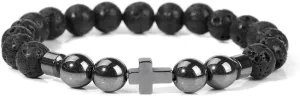 Natural Stone Bracelet Men Beads Bracelet Handmade Cross Pendant Bracelets Women Prayer Fitness Jewelry for 8mm (Metal Color: Lava Stone - Length: 21CM)