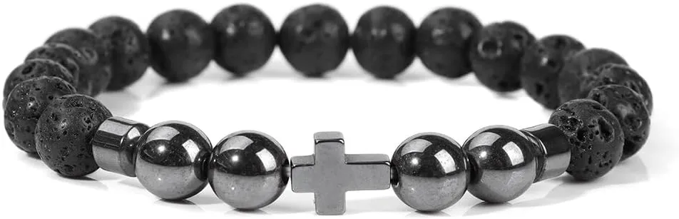 Natural Stone Bracelet Men Beads Bracelet Handmade Cross Pendant Bracelets Women Prayer Fitness Jewelry for 8mm (Metal Color: Lava Stone - Length: 21CM)