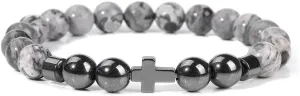 Natural Stone Bracelet Men Beads Bracelet Handmade Cross Pendant Bracelets Women Prayer Fitness Jewelry for 8mm (Metal Color: Map Stone - Length: 21CM)