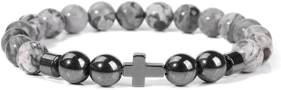Natural Stone Bracelet Men Beads Bracelet Handmade Cross Pendant Bracelets Women Prayer Fitness Jewelry for 8mm (Metal Color: Map Stone - Length: 21CM)