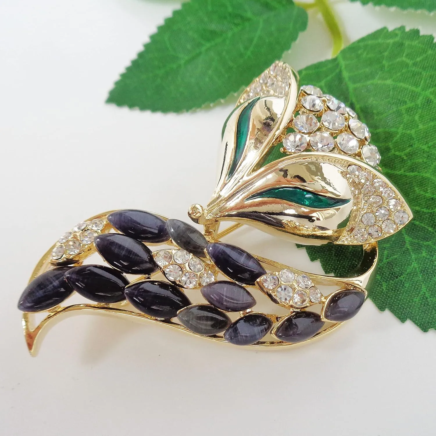 Navachi 18k Gold Plated Created-Opal Crystal Fox Lowrie Head Tail Brooches pins