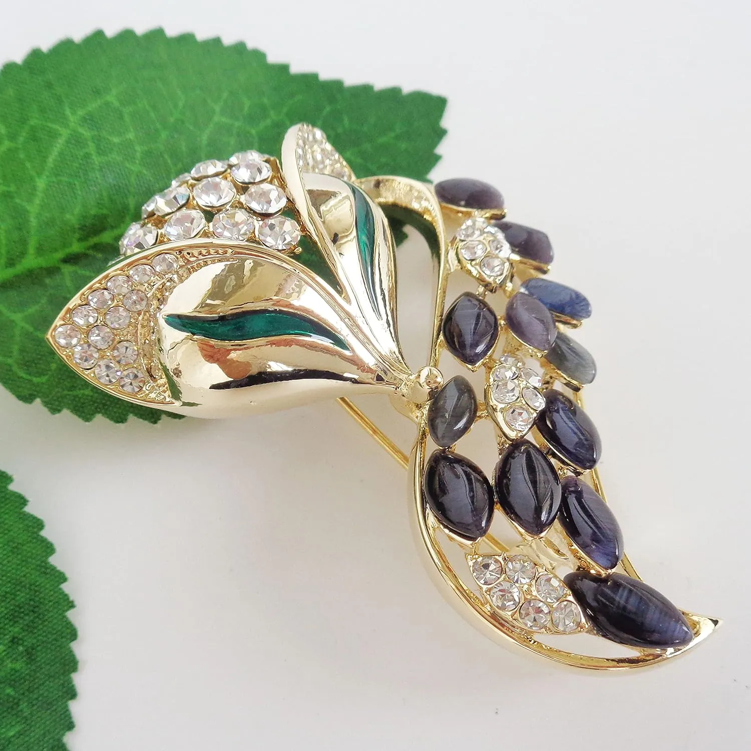 Navachi 18k Gold Plated Created-Opal Crystal Fox Lowrie Head Tail Brooches pins