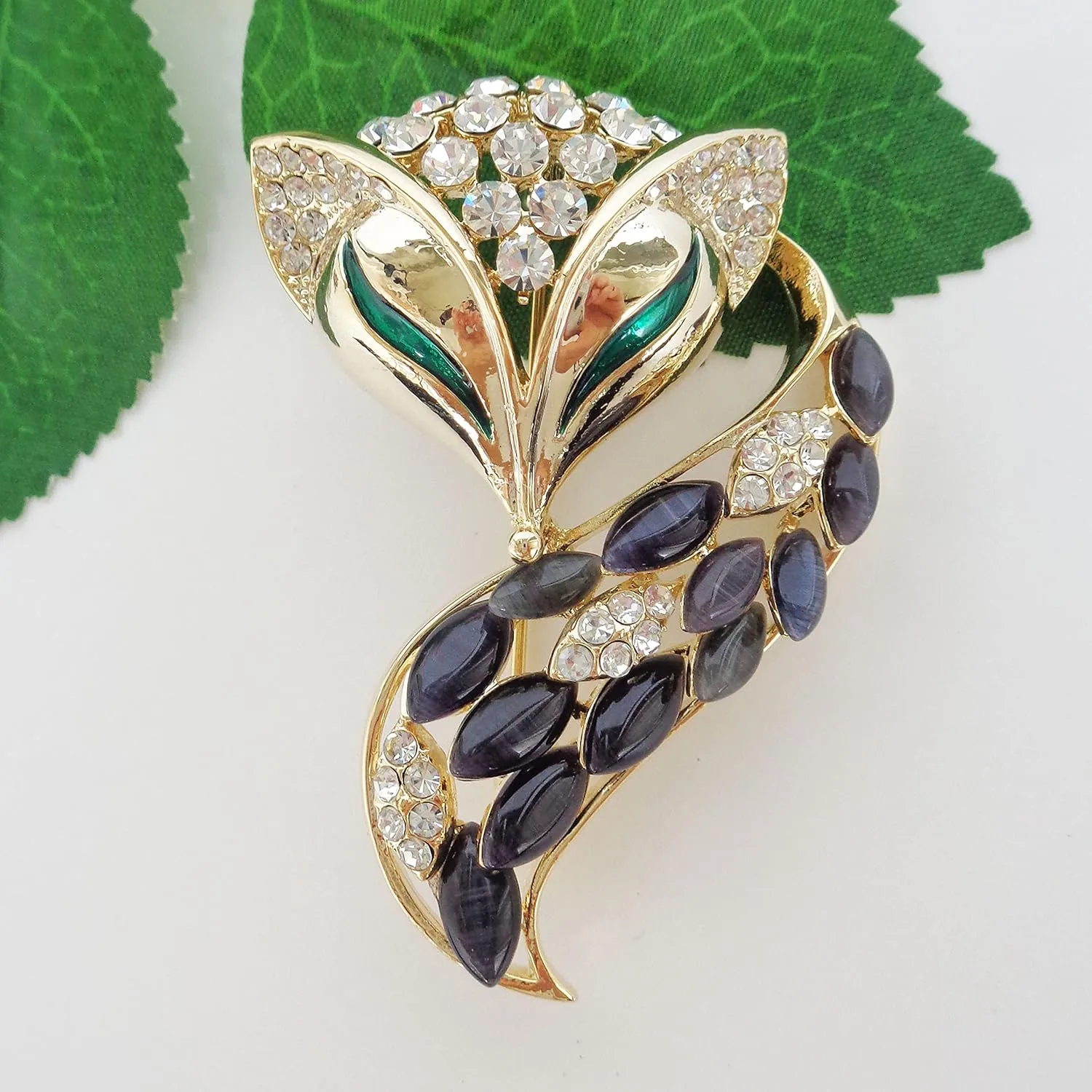 Navachi 18k Gold Plated Created-Opal Crystal Fox Lowrie Head Tail Brooches pins