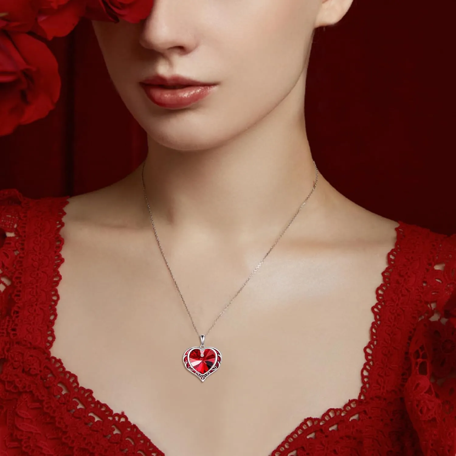 Necklaces for Women, Love Heart Pendant with Austrian Crystals, Jewelry Gifts for Wife, Sterling Silver Heart Necklaces, Birthday or Chrismas Holiday Gifts for Her, Mom