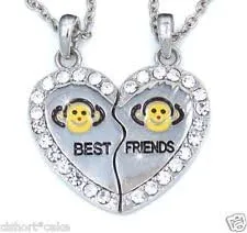 NEW BEST FRIEND Monkey Heart Silver Tone 2 Pendants Necklace BFF Friendship