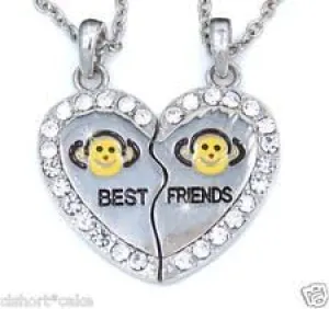 NEW BEST FRIEND Monkey Heart Silver Tone 2 Pendants Necklace BFF Friendship
