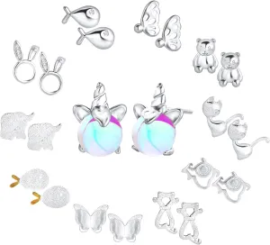 NEWITIN 11 Pairs 925 Sterling Silver Stud Earrings for Women Hypoallergenic Studs Unicorn Earring Animals Earring Cute Small Stud Earrings for Women