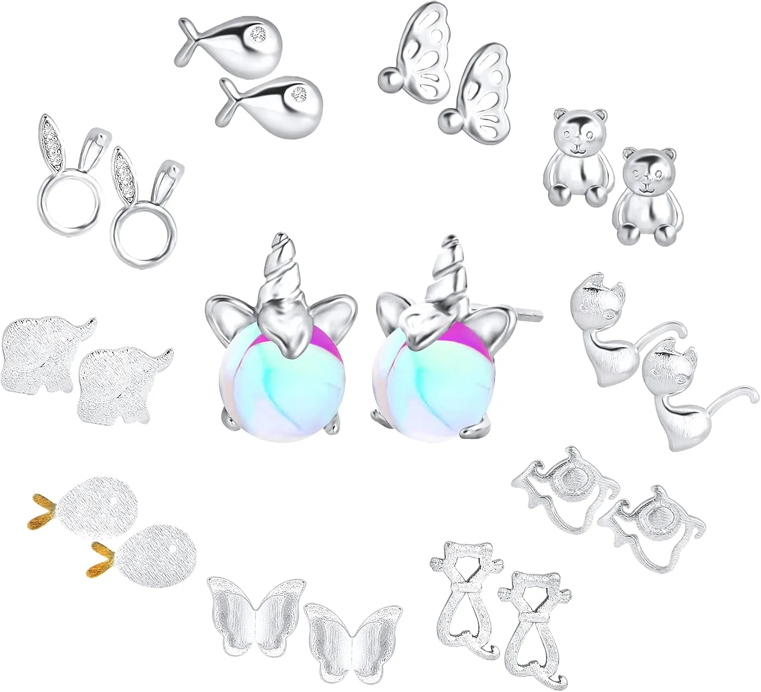 NEWITIN 11 Pairs 925 Sterling Silver Stud Earrings for Women Hypoallergenic Studs Unicorn Earring Animals Earring Cute Small Stud Earrings for Women