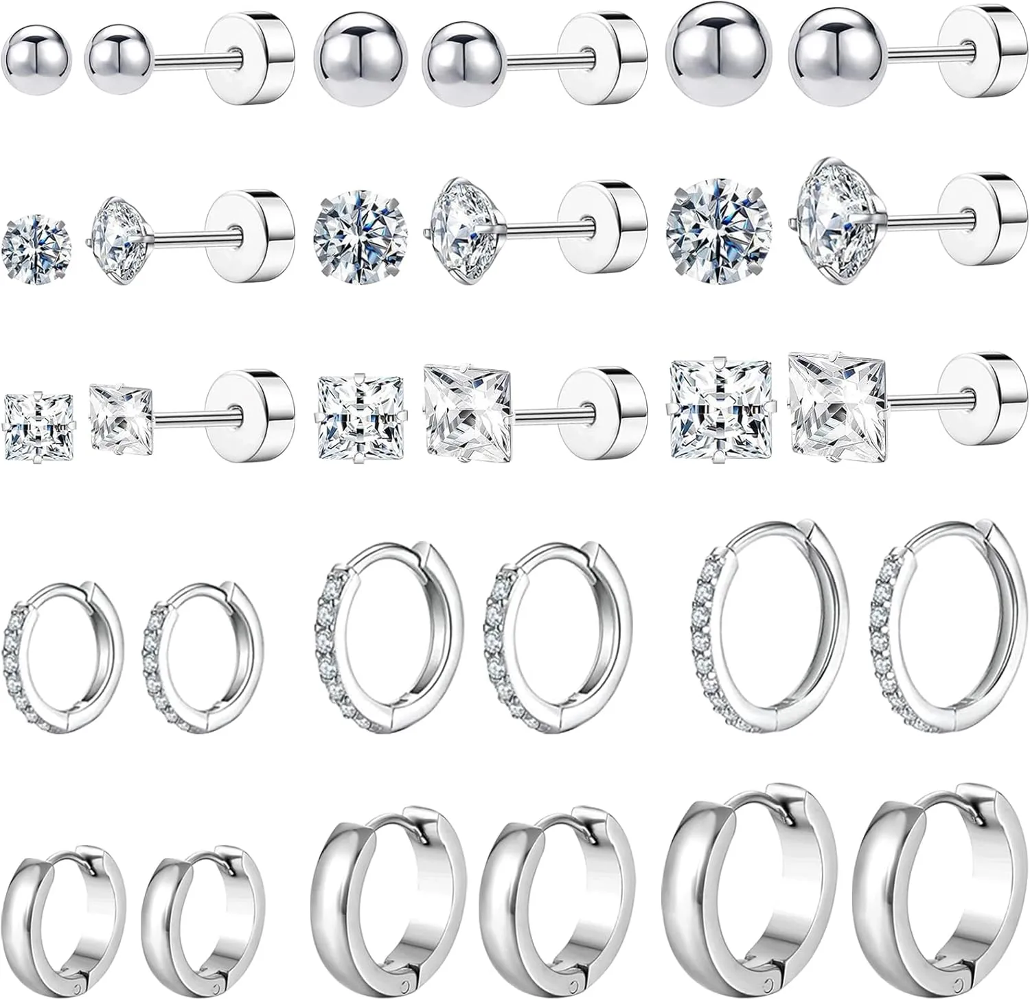NEWITIN 15 Pairs Small Gold Stud Errings for Women Hypoallergenic Earring 14K Gold Plated Stainless Steel Inlaid Green Cubic Zirconia Earring Cartilage Stud Hoop Earrings Set