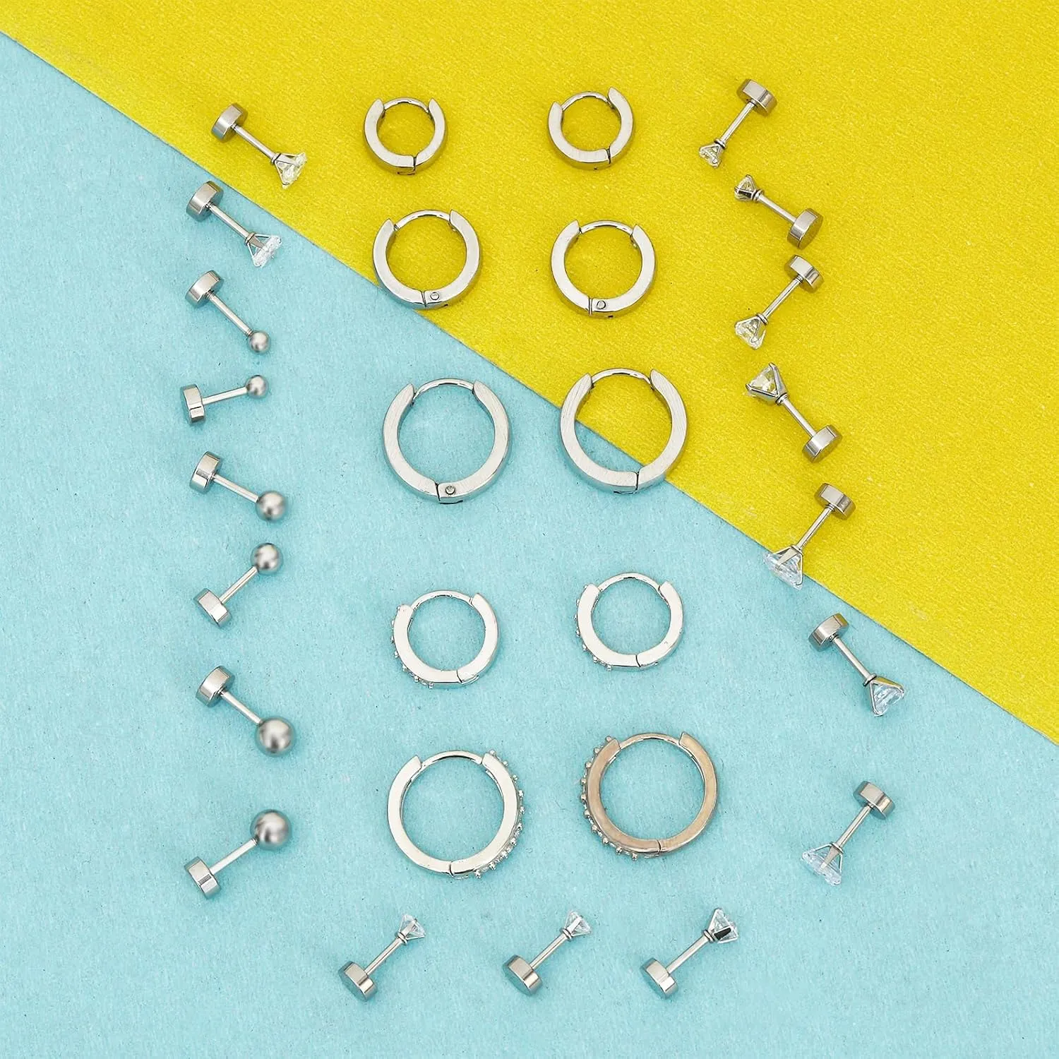 NEWITIN 15 Pairs Small Gold Stud Errings for Women Hypoallergenic Earring 14K Gold Plated Stainless Steel Inlaid Green Cubic Zirconia Earring Cartilage Stud Hoop Earrings Set