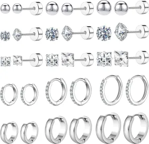 NEWITIN 15 Pairs Small Gold Stud Errings for Women Hypoallergenic Earring 14K Gold Plated Stainless Steel Inlaid Green Cubic Zirconia Earring Cartilage Stud Hoop Earrings Set