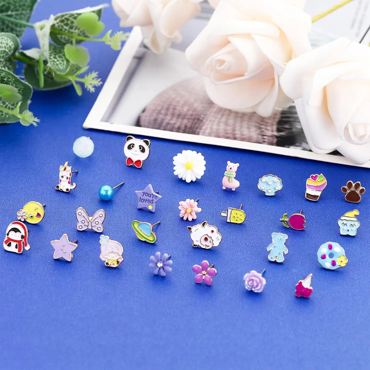 NEWITIN 30-78 Pairs Colorful Cute Earrings for Women Sensitive Ears Hypoallergenic Womens Stud Earrings Set Stainless Steel Cartoon Stud for Women