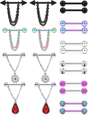 Nipple Rings 14G Surgical Steel Piercing Jewelry For Women Plastic Glow Dark Acrylic CZ Diamonds Heart Chain Dangle Shield 14MM 9/16 Inch, Rainbow Purple Barbell