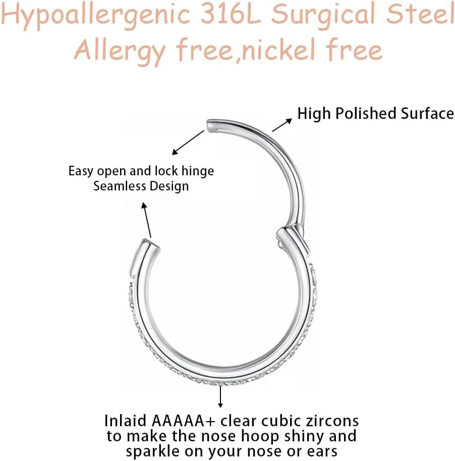 Nose Rings Hoop 16G 316L Surgical Steel-Piercing Jewelry Conch Hoop w/Zircon,Seamless Hinge Design- Helix Rook Lobe Earring Lip Rings Cartilage Hoop Earring for Women &Men