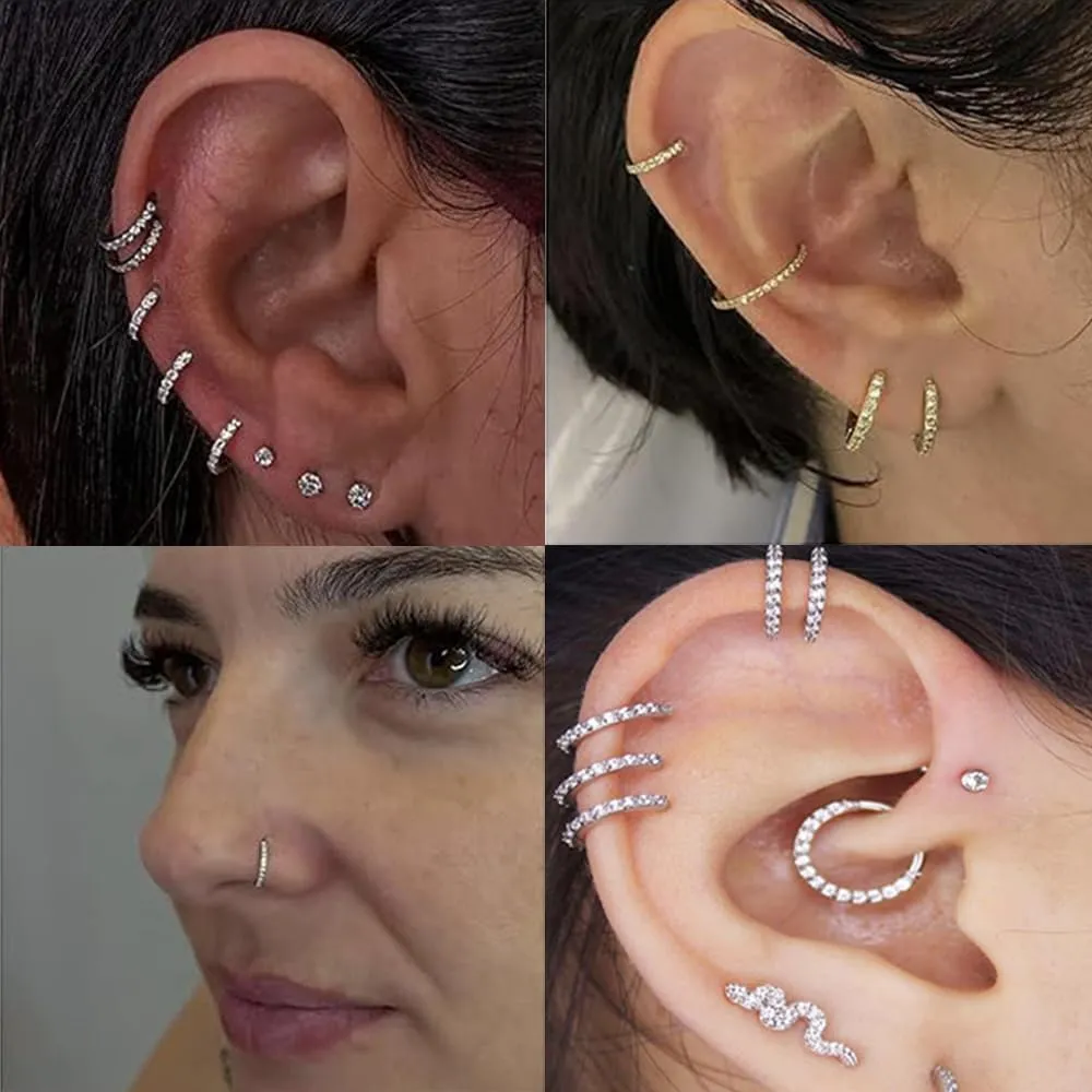 Nose Rings Hoop 16G 316L Surgical Steel-Piercing Jewelry Conch Hoop w/Zircon,Seamless Hinge Design- Helix Rook Lobe Earring Lip Rings Cartilage Hoop Earring for Women &Men