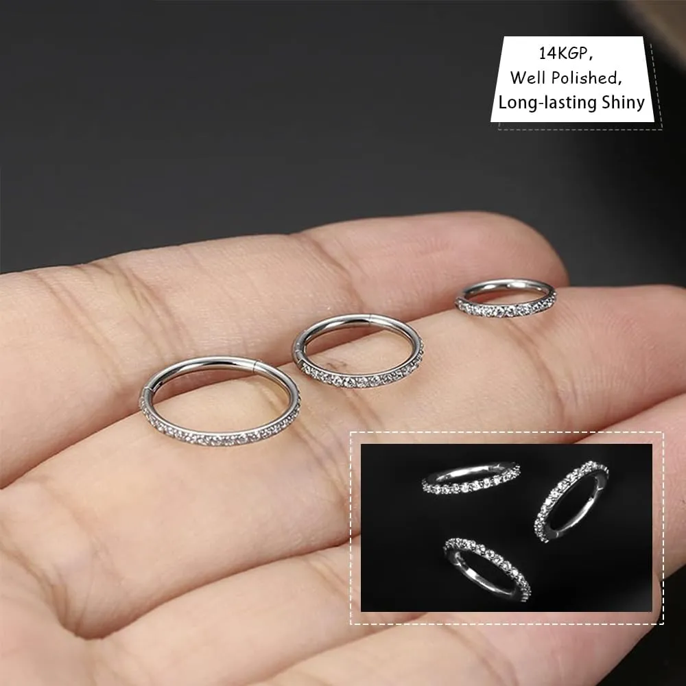 Nose Rings Hoop 16G 316L Surgical Steel-Piercing Jewelry Conch Hoop w/Zircon,Seamless Hinge Design- Helix Rook Lobe Earring Lip Rings Cartilage Hoop Earring for Women &Men