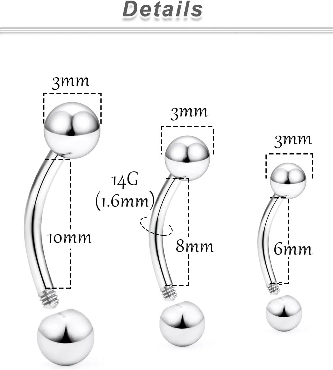 Ocptiy 14G 16G 20G Titanium Eyebrow Rings Rook Daith Earrings Belly Button Navel Rings Curved Barbell Body Piercing Jewelry for Women 6mm 8mm 10mm 3PCS