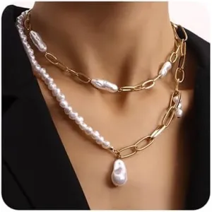 Octwine 2 Tier Women Gold Layered Necklaces Trendy Retro Pearls Pendant Gold Necklace Dainty Chunky Link Chain Punk Bar Sexy Choker Necklaces for Women