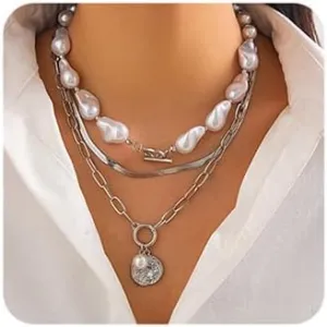 Octwine Boho Gold Silver Layered Pearls Necklaces for Women Trendy Retro Sequin Pendant Necklace Dainty Chunky Chain Choker Necklaces Simple Birthday Gifts Choker Necklace for Women