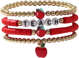 OIDIMS Cute Apple Heishi Surfer Clay Bead Bracelets Set For Women Beaded Stretch Bracelets Elastic Layering Teach Friendship Bracelets Stackable Boho Summer Jewelry Christmas Eve Gift For Teacher