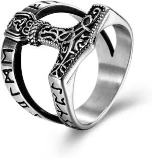 OIDIMS Norse Viking Mens Stainless Steel Vikings Thor's Hammer Ring Punk Fashion Band Rings for Men Women Cool Valknut Warrior's Gothic Jewelry Personalized Gifts for Father's Day Birthday
