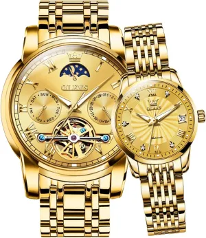 OLEVS Couple Pair Watch Automatic for Men and Women His and Hers Watches Set Gifts Mechanical Self-Winding Tourbillon Big Face Dress Wristwatch with Day Date Calendar Two Tone