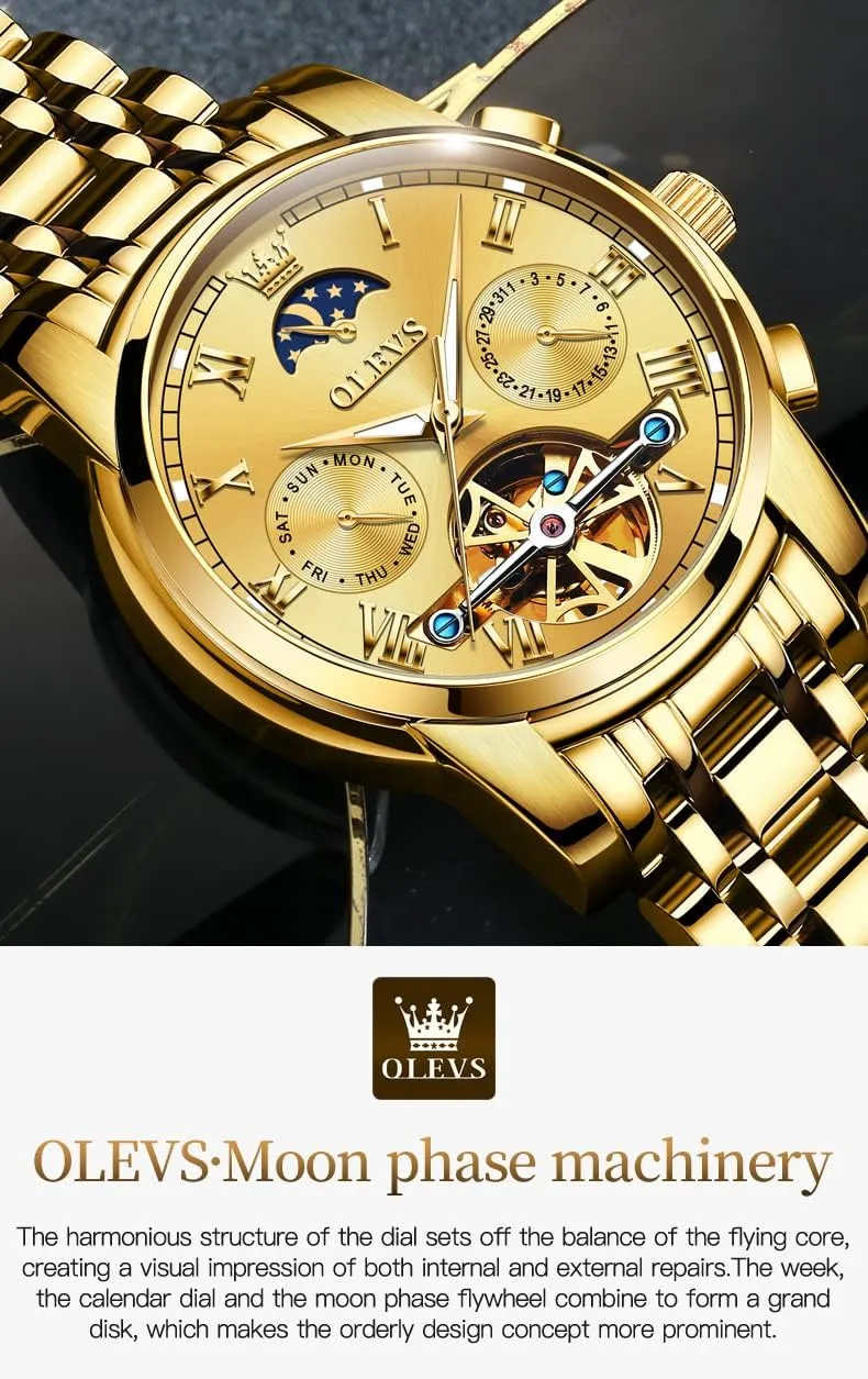 OLEVS Couple Pair Watch Automatic for Men and Women His and Hers Watches Set Gifts Mechanical Self-Winding Tourbillon Big Face Dress Wristwatch with Day Date Calendar Two Tone
