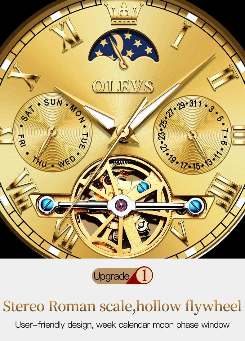 OLEVS Couple Pair Watch Automatic for Men and Women His and Hers Watches Set Gifts Mechanical Self-Winding Tourbillon Big Face Dress Wristwatch with Day Date Calendar Two Tone