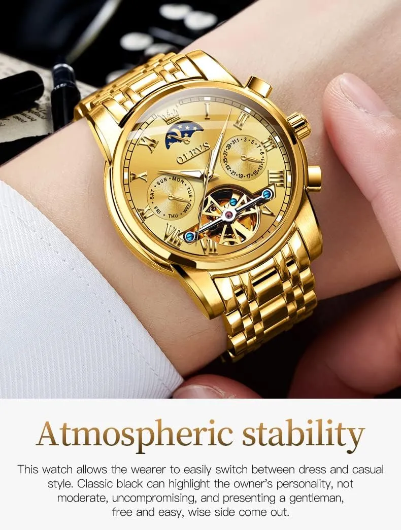 OLEVS Couple Pair Watch Automatic for Men and Women His and Hers Watches Set Gifts Mechanical Self-Winding Tourbillon Big Face Dress Wristwatch with Day Date Calendar Two Tone