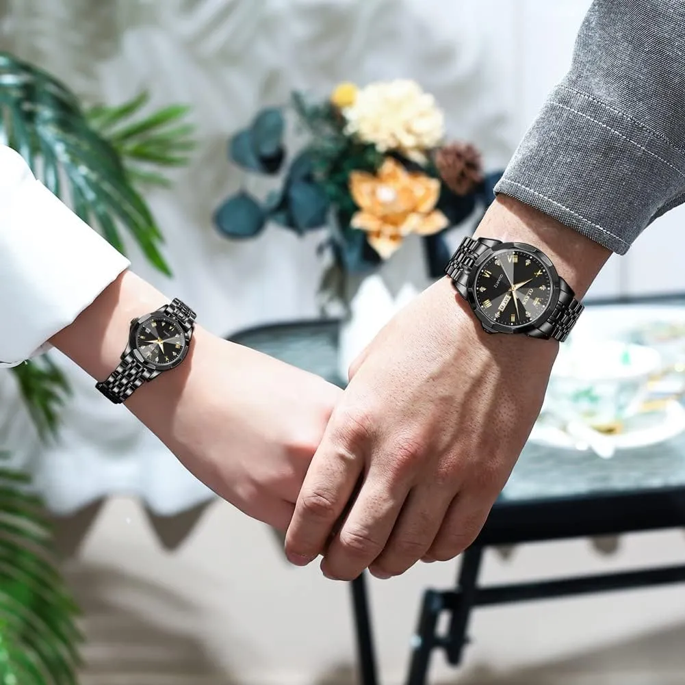 OLEVS Couple Watch His and Her Set Watches Business Analog Quartz Men and Women Watches Stainless Steel Waterproof Luminous Date Wrist Watch