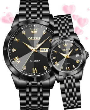 OLEVS Couple Watch His and Her Set Watches Business Analog Quartz Men and Women Watches Stainless Steel Waterproof Luminous Date Wrist Watch