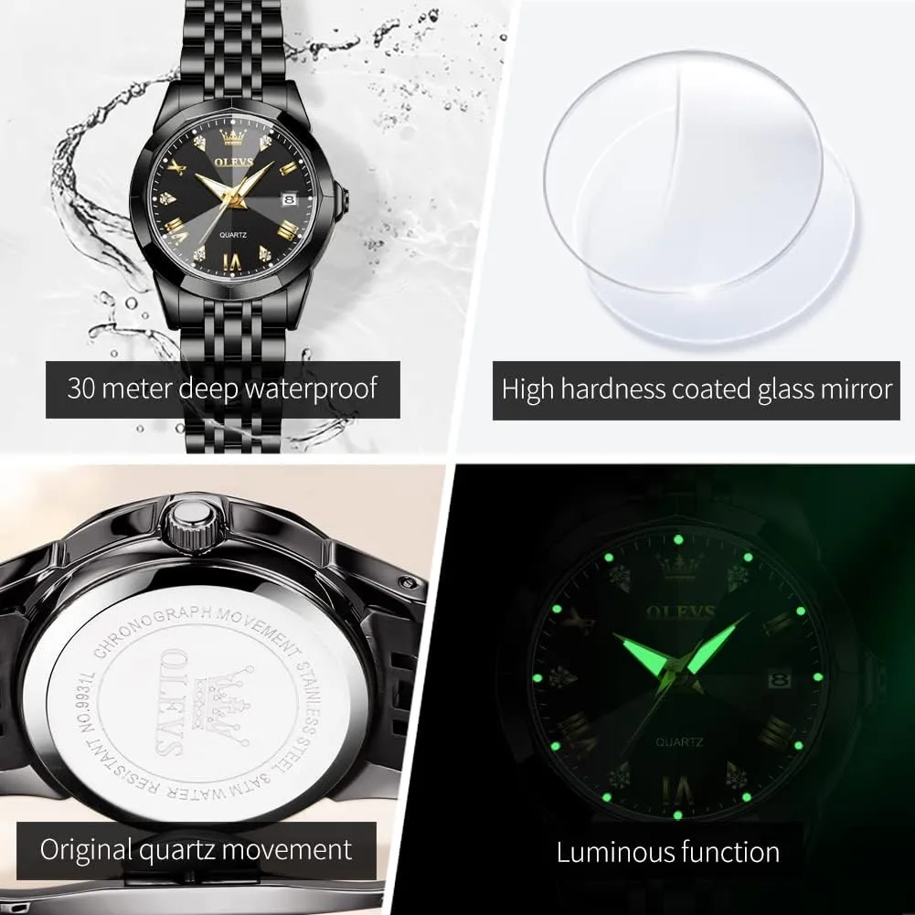 OLEVS Couple Watch His and Her Set Watches Business Analog Quartz Men and Women Watches Stainless Steel Waterproof Luminous Date Wrist Watch