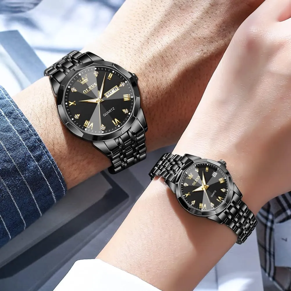 OLEVS Couple Watch His and Her Set Watches Business Analog Quartz Men and Women Watches Stainless Steel Waterproof Luminous Date Wrist Watch