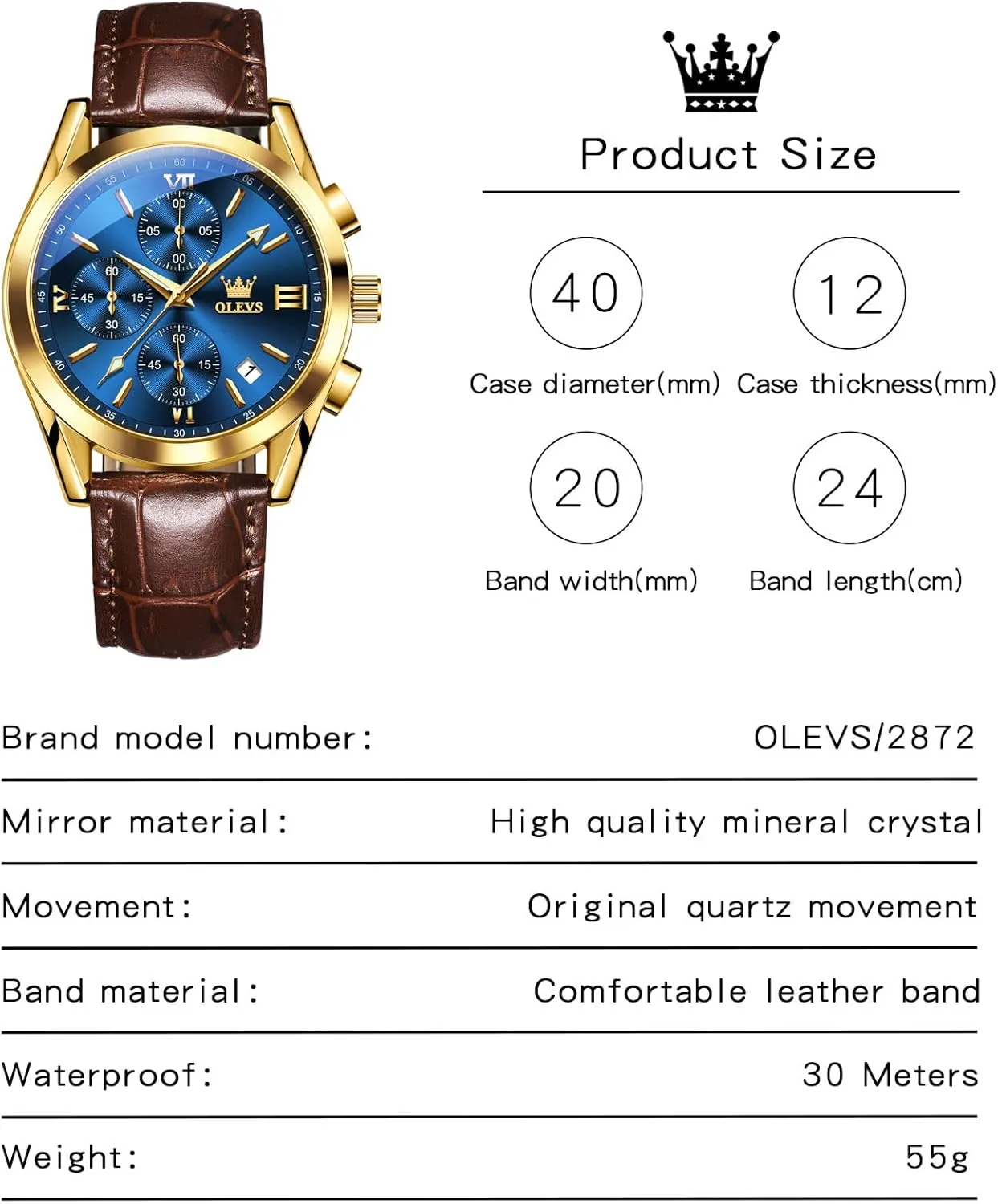 OLEVS Mens Leather Watch,Fashion Casual Dress Analog Chronograph Watches for Men,Classic Luxury Big Face Waterproof Mens Watches,Blue/Black/Brown/White Dial