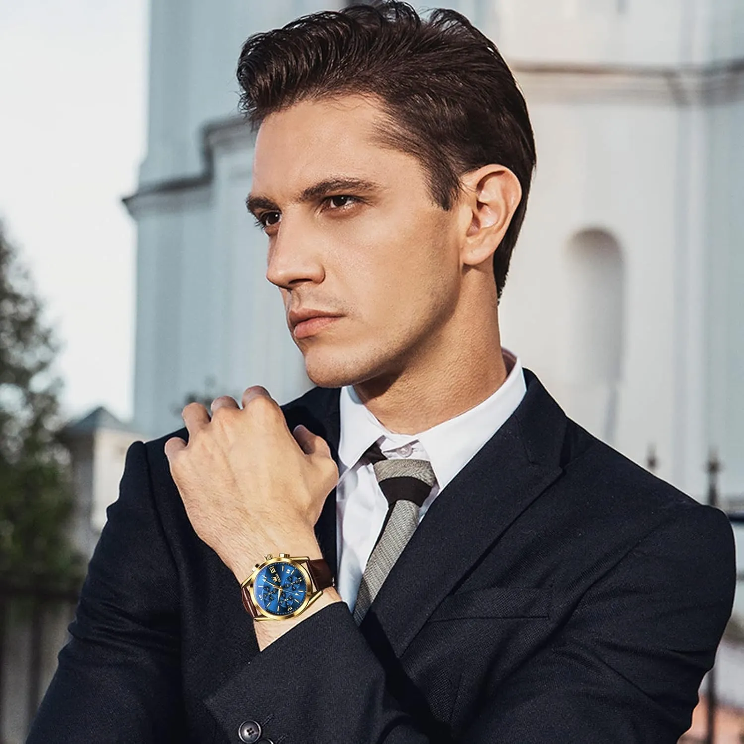 OLEVS Mens Leather Watch,Fashion Casual Dress Analog Chronograph Watches for Men,Classic Luxury Big Face Waterproof Mens Watches,Blue/Black/Brown/White Dial