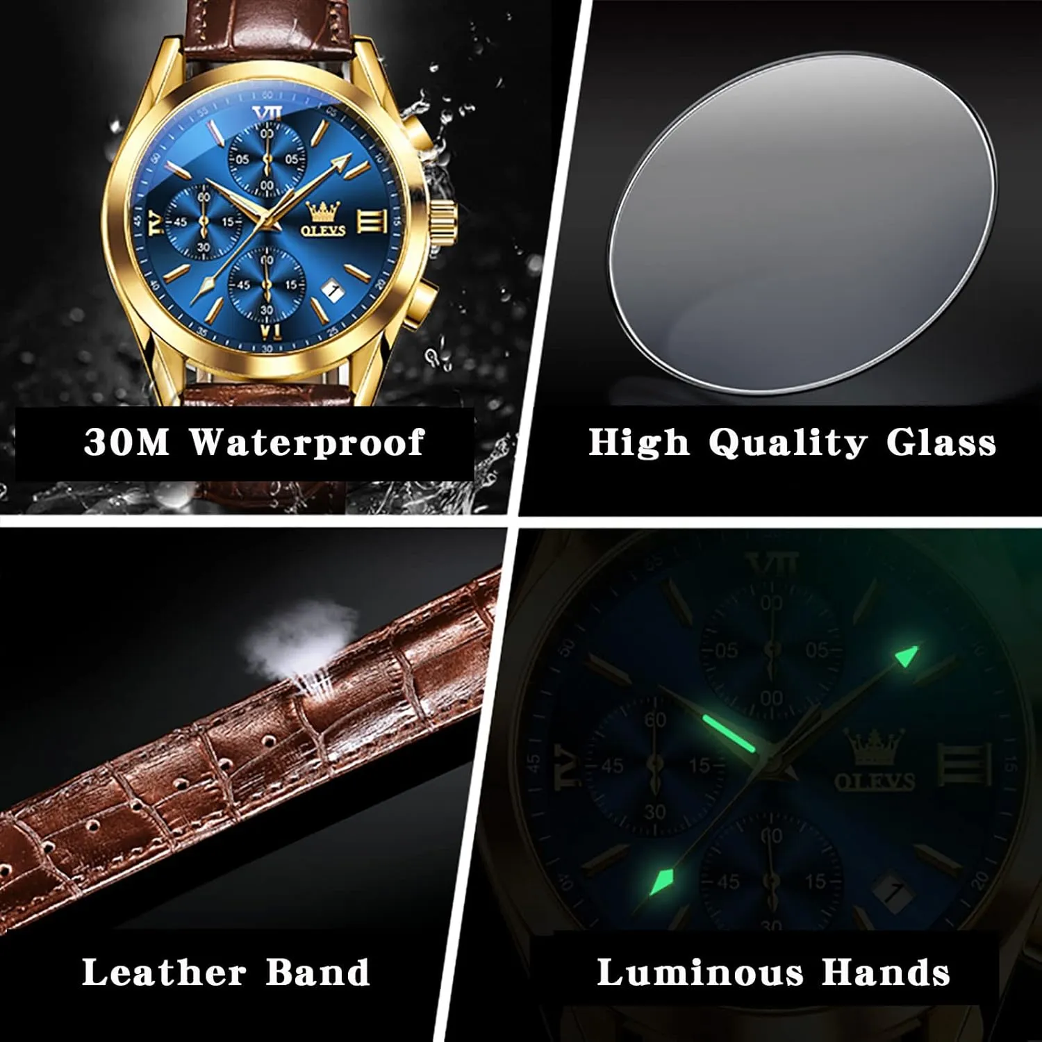 OLEVS Mens Leather Watch,Fashion Casual Dress Analog Chronograph Watches for Men,Classic Luxury Big Face Waterproof Mens Watches,Blue/Black/Brown/White Dial