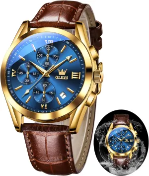 OLEVS Mens Leather Watch,Fashion Casual Dress Analog Chronograph Watches for Men,Classic Luxury Big Face Waterproof Mens Watches,Blue/Black/Brown/White Dial