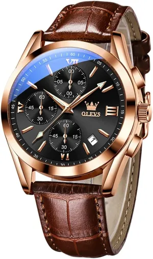 OLEVS Mens Watches-Chronograph Fashion Casual Analog Quartz Watch Waterproof, Dress Luminous Wrist Watches with Leather Strap for Men Black/Brown/White/Blue Dial (brownbandrosecaseblackdial)