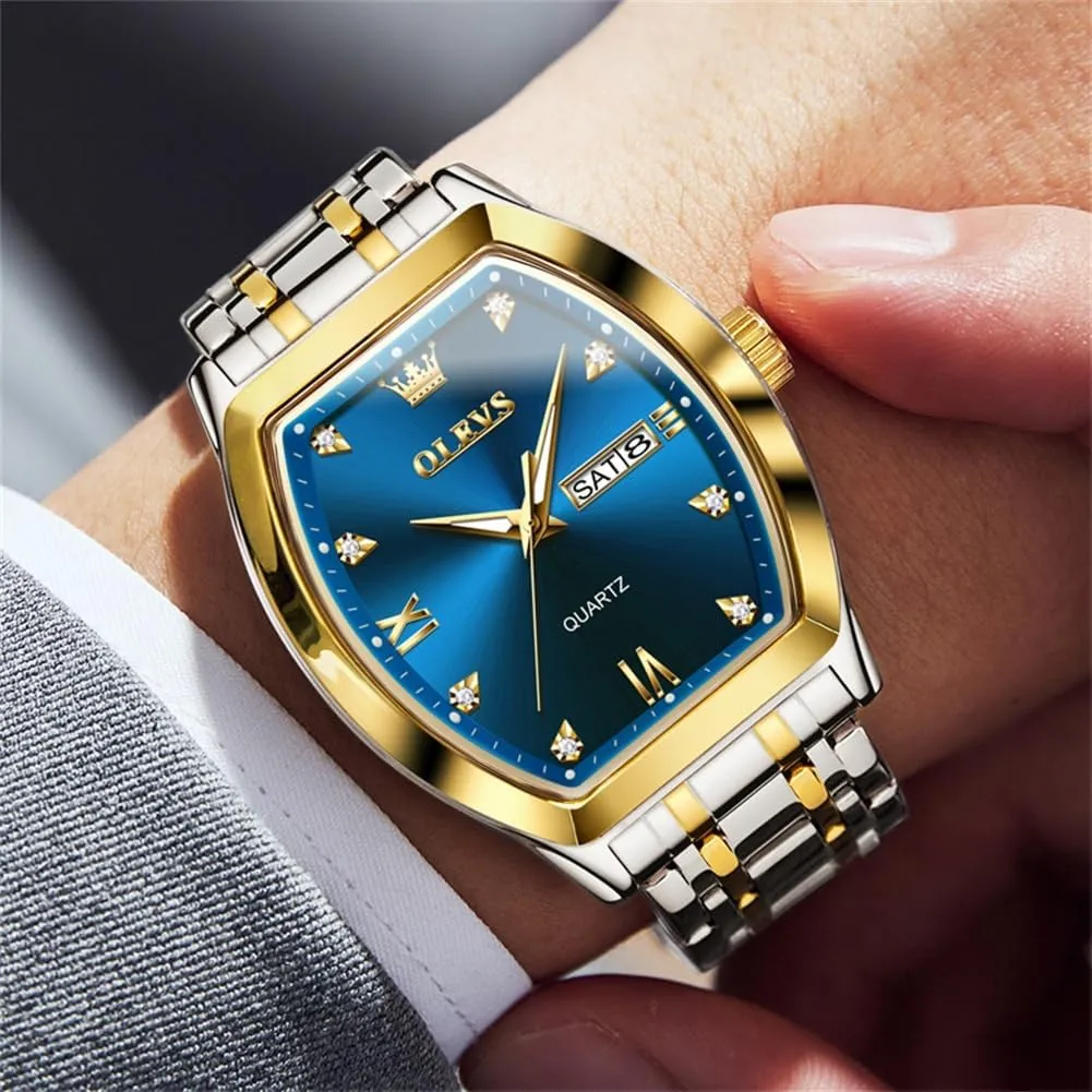 OLEVS Square Watches for Men Diamond Analog Quartz Stainless Steel Big Face Business Luxury Dress Mens Wrist Watch with Date Waterproof Luminous