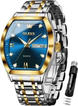 OLEVS Square Watches for Men Diamond Analog Quartz Stainless Steel Big Face Business Luxury Dress Mens Wrist Watch with Date Waterproof Luminous