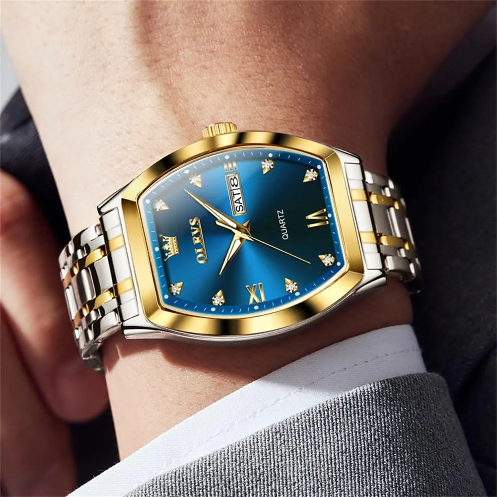 OLEVS Square Watches for Men Diamond Analog Quartz Stainless Steel Big Face Business Luxury Dress Mens Wrist Watch with Date Waterproof Luminous